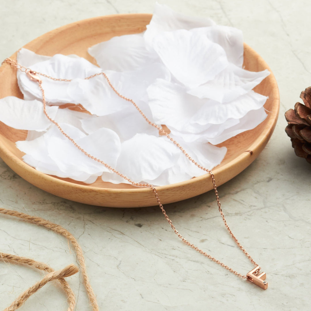 Rose Gold Plated Initial Necklace Letter F Created with Zircondia® Crystals - Philip Jones Jewellery