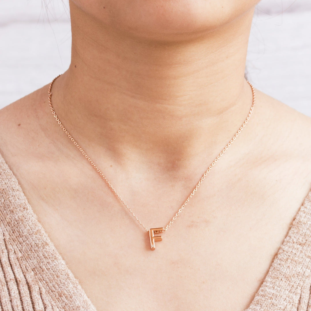 Rose Gold Plated Initial Necklace Letter F Created with Zircondia® Crystals - Philip Jones Jewellery