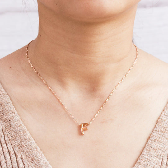 Rose Gold Plated Initial Necklace Letter F Created with Zircondia® Crystals - Philip Jones Jewellery