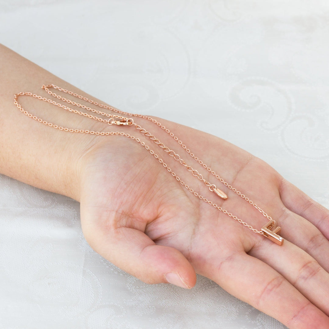 Rose Gold Plated Initial Necklace Letter F Created with Zircondia® Crystals - Philip Jones Jewellery