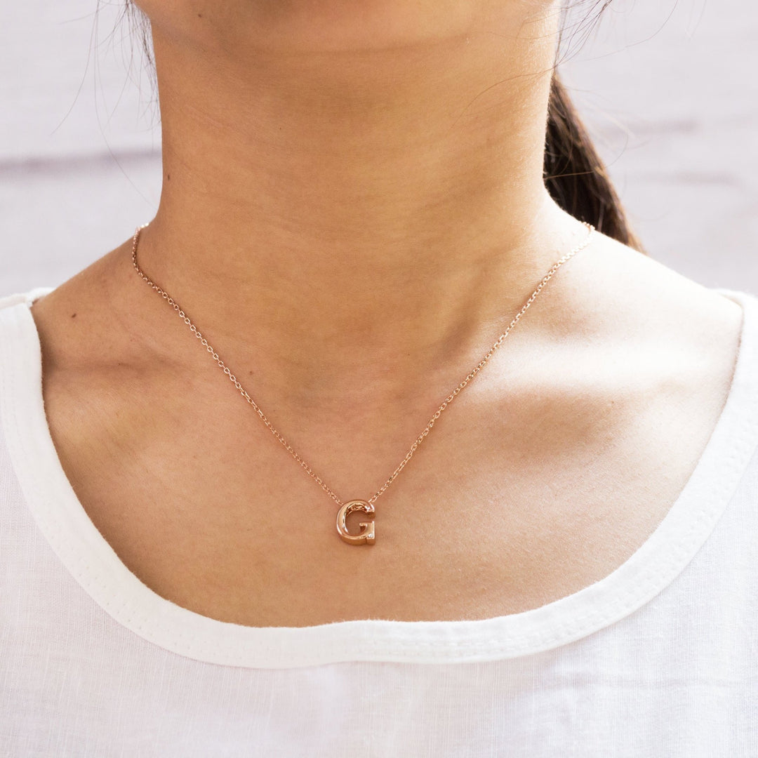 Rose Gold Plated Initial Necklace Letter G Created with Zircondia® Crystals - Philip Jones Jewellery