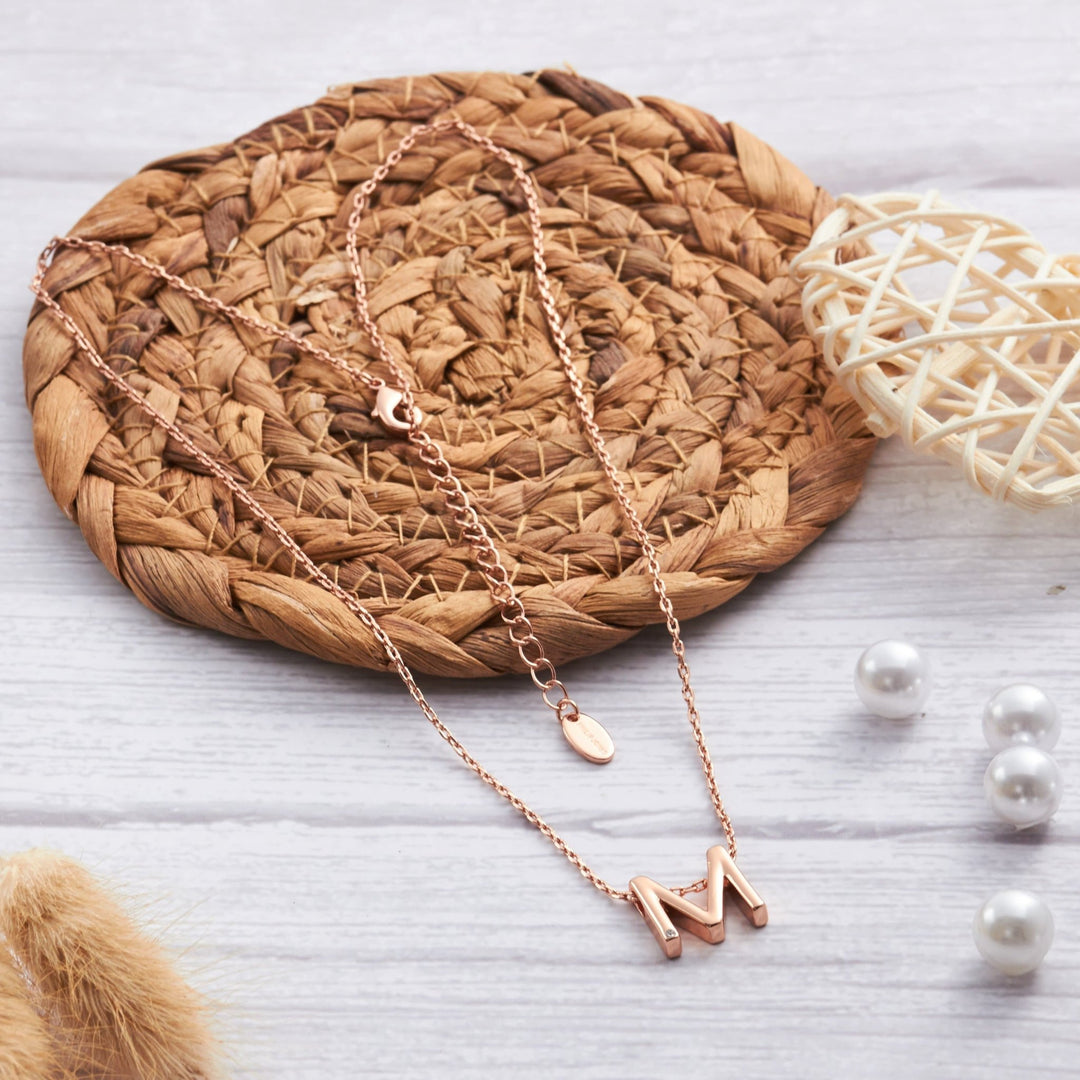 Rose Gold Plated Initial Necklace Letter M Created with Zircondia® Crystals - Philip Jones Jewellery