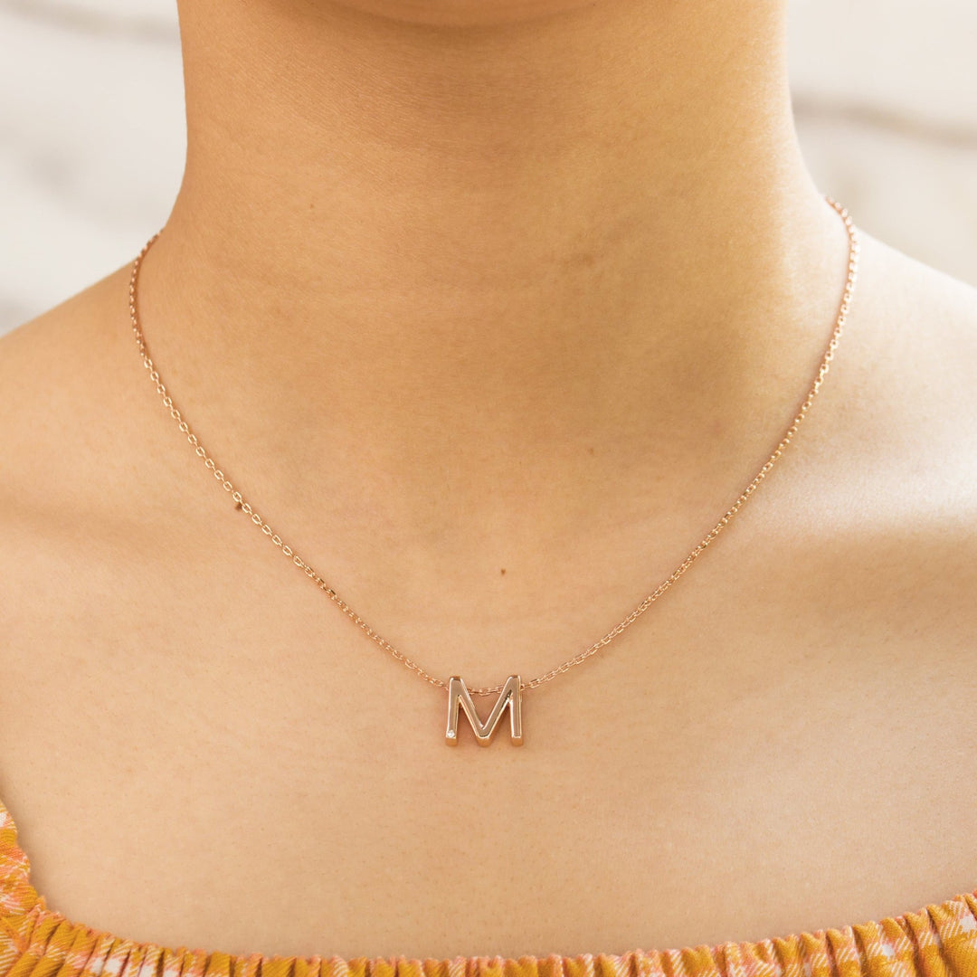 Rose Gold Plated Initial Necklace Letter M Created with Zircondia® Crystals - Philip Jones Jewellery