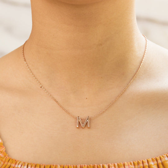 Rose Gold Plated Initial Necklace Letter M Created with Zircondia® Crystals - Philip Jones Jewellery