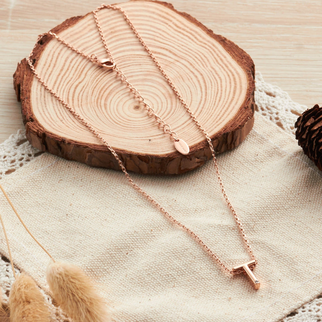 Rose Gold Plated Initial Necklace Letter T Created with Zircondia® Crystals - Philip Jones Jewellery