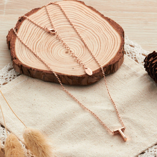 Rose Gold Plated Initial Necklace Letter T Created with Zircondia® Crystals - Philip Jones Jewellery