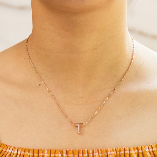Rose Gold Plated Initial Necklace Letter T Created with Zircondia® Crystals - Philip Jones Jewellery