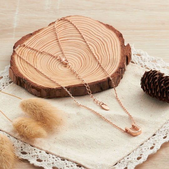 Rose Gold Plated Initial Necklace Letter U Created with Zircondia® Crystals - Philip Jones Jewellery