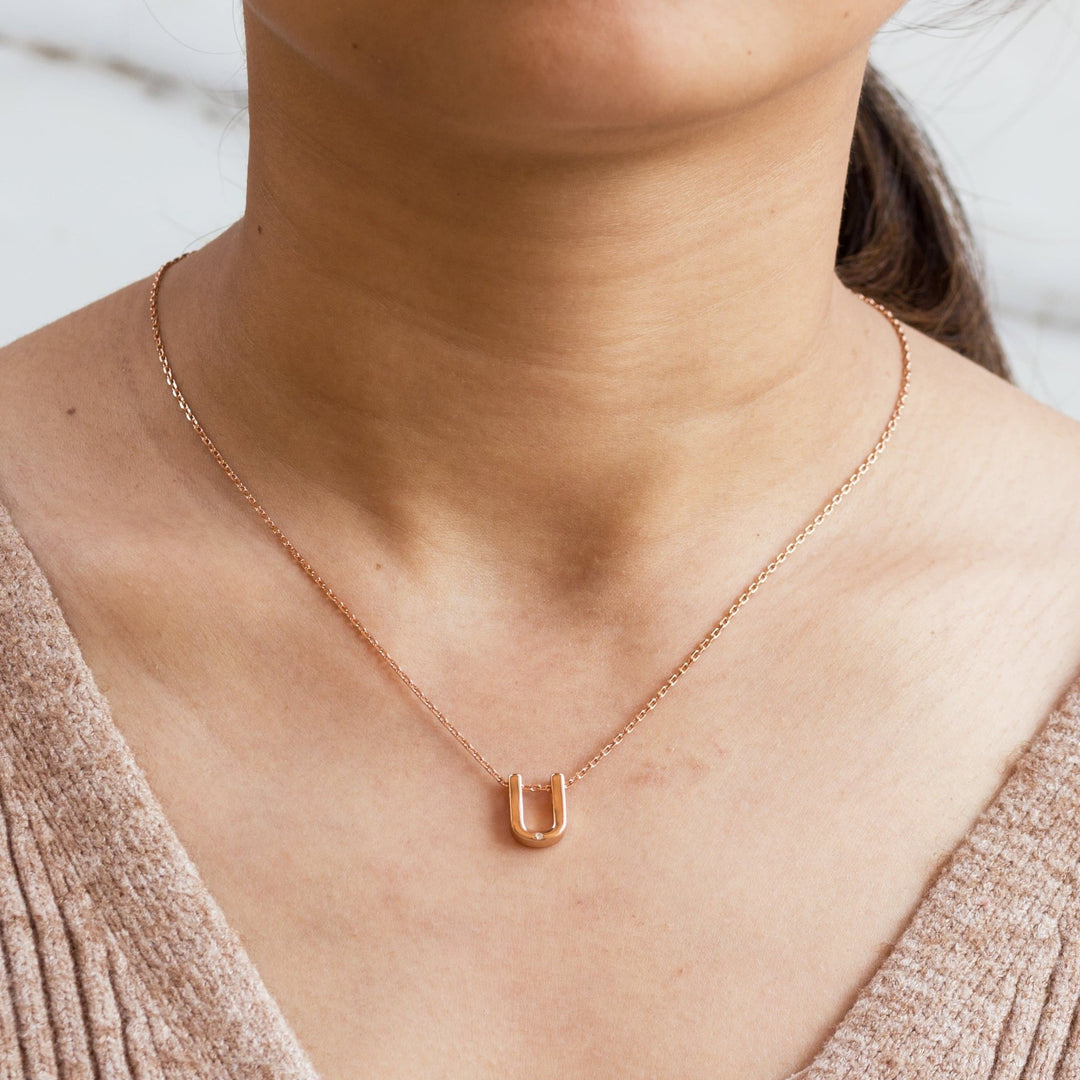 Rose Gold Plated Initial Necklace Letter U Created with Zircondia® Crystals - Philip Jones Jewellery