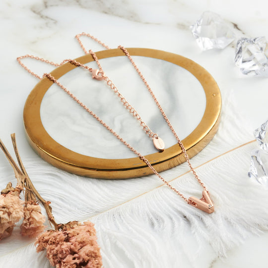 Rose Gold Plated Initial Necklace Letter V Created with Zircondia® Crystals - Philip Jones Jewellery