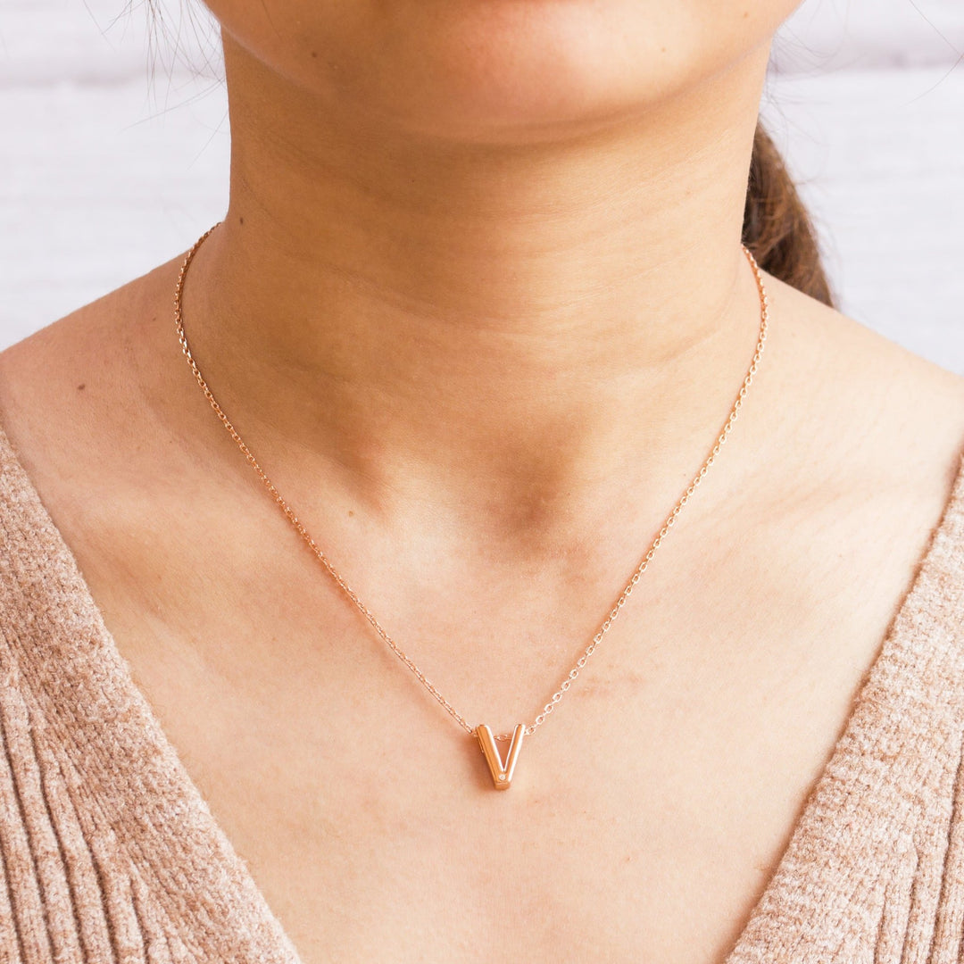 Rose Gold Plated Initial Necklace Letter V Created with Zircondia® Crystals - Philip Jones Jewellery