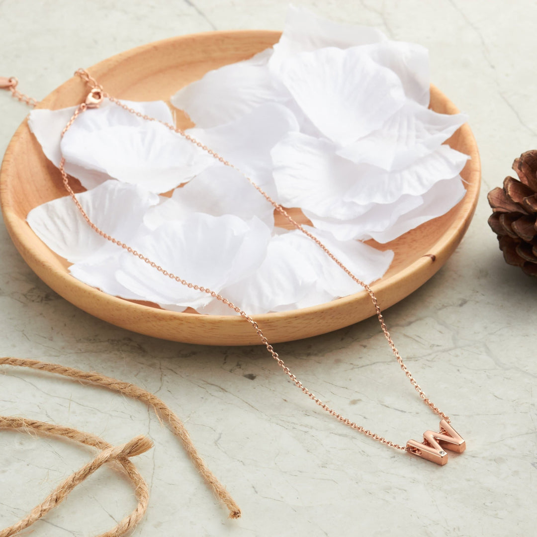 Rose Gold Plated Initial Necklace Letter W Created with Zircondia® Crystals - Philip Jones Jewellery