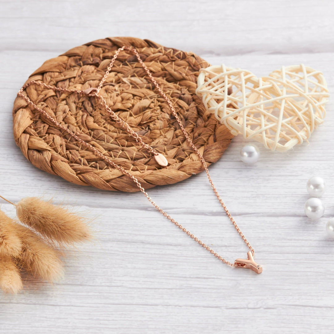 Rose Gold Plated Initial Necklace Letter Y Created with Zircondia® Crystals - Philip Jones Jewellery