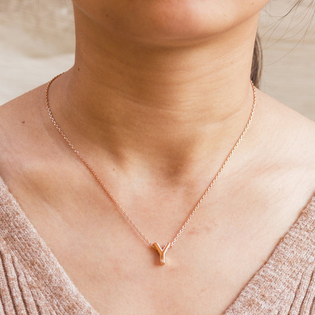 Rose Gold Plated Initial Necklace Letter Y Created with Zircondia® Crystals - Philip Jones Jewellery