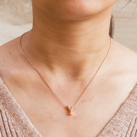 Rose Gold Plated Initial Necklace Letter Y Created with Zircondia® Crystals - Philip Jones Jewellery
