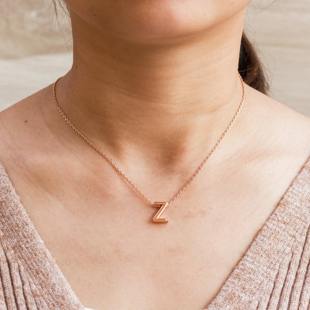 Rose Gold Plated Initial Necklace Letter Z Created with Zircondia® Crystals - Philip Jones Jewellery