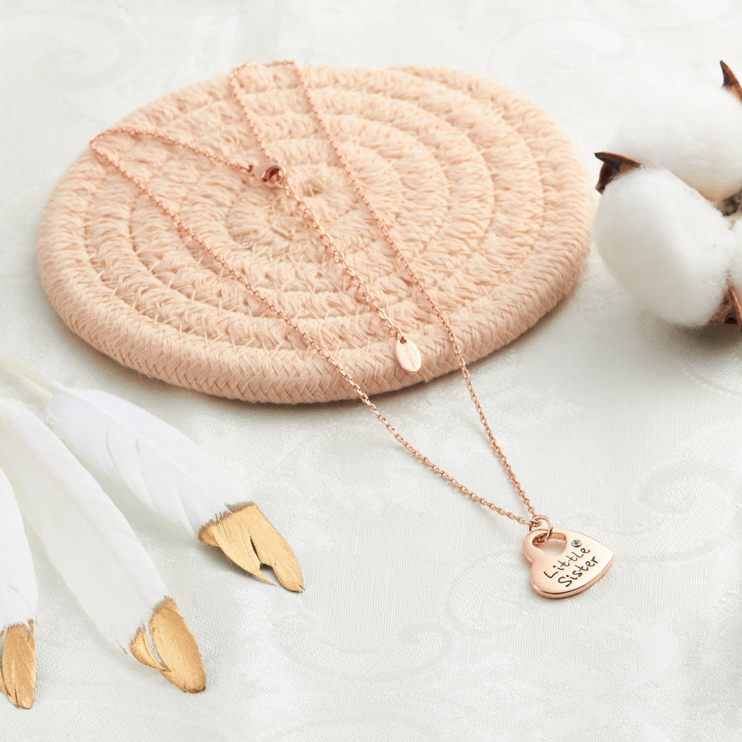 Rose Gold Plated Little Sister Heart Necklace Created with Zircondia® Crystals - Philip Jones Jewellery