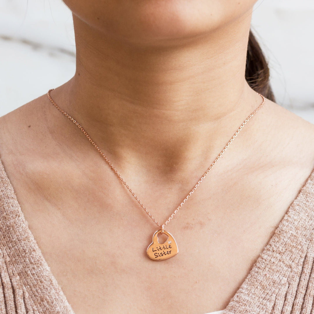 Rose Gold Plated Little Sister Heart Necklace Created with Zircondia® Crystals - Philip Jones Jewellery