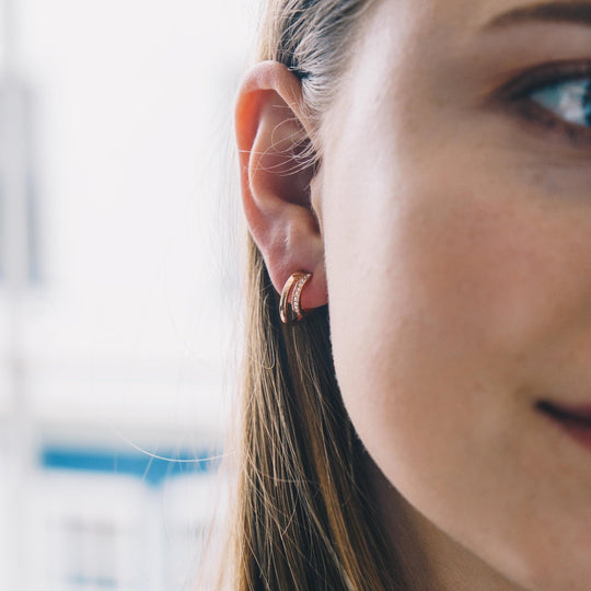 Rose Gold Plated Open Double Hoop Earrings Created With Zircondia® Crystals - Philip Jones Jewellery