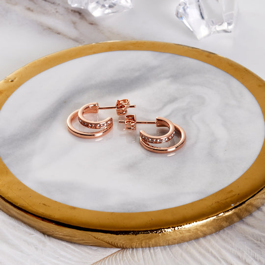 Rose Gold Plated Open Double Hoop Earrings Created With Zircondia® Crystals - Philip Jones Jewellery
