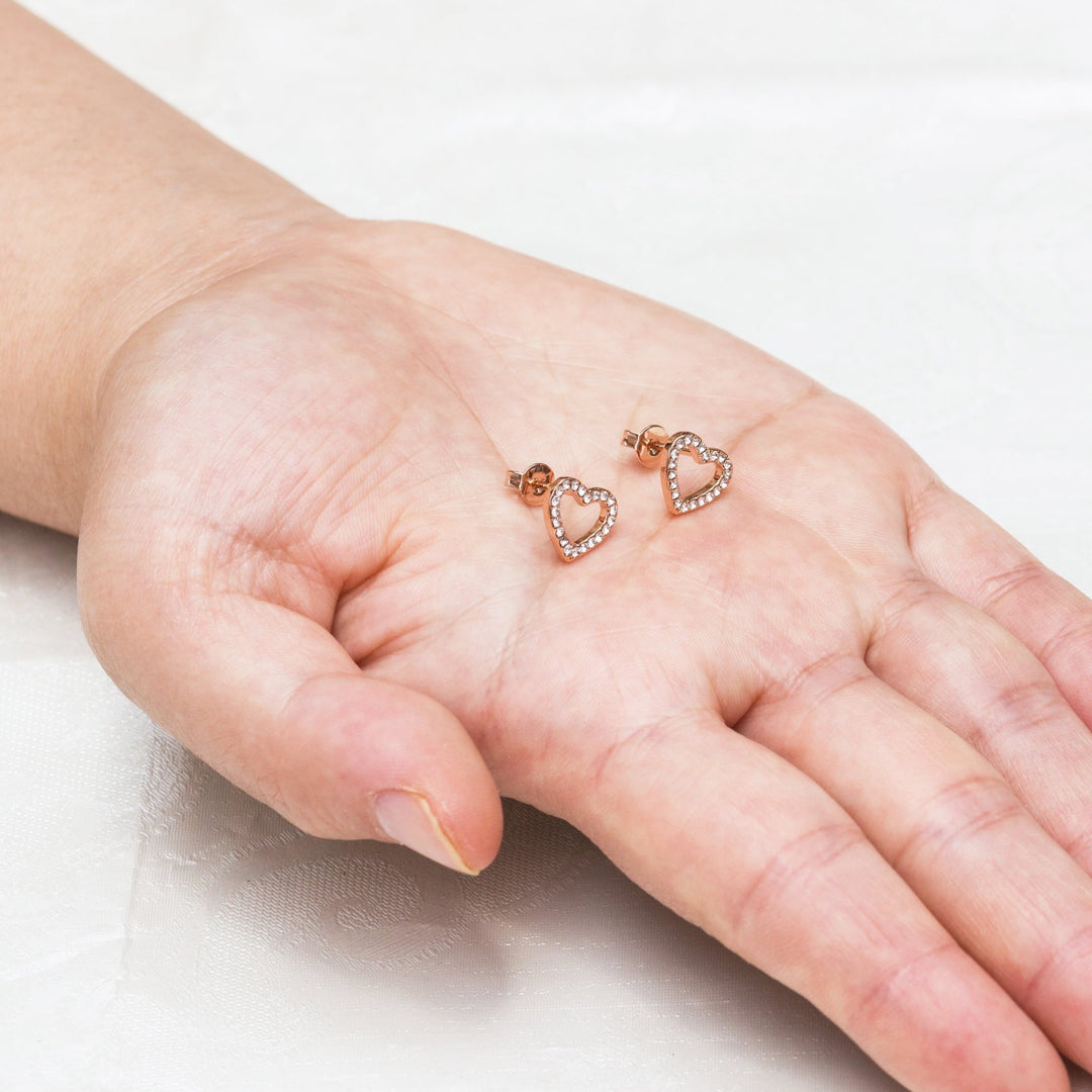 Rose Gold Plated Open Heart Earrings Created with Zircondia® Crystals - Philip Jones Jewellery