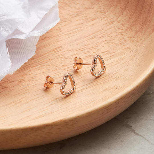 Rose Gold Plated Open Heart Earrings Created with Zircondia® Crystals - Philip Jones Jewellery
