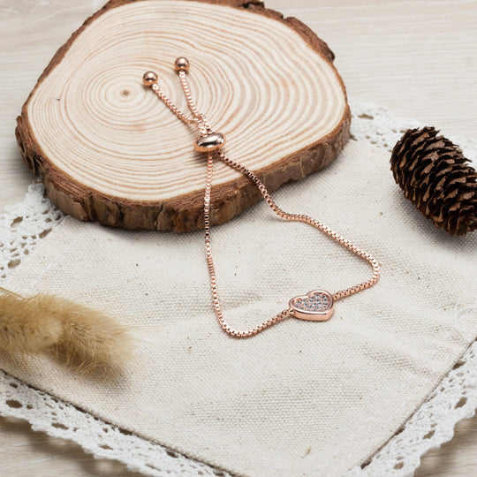 Rose Gold Plated Pave Heart Friendship Bracelet Created with Zircondia® Crystals - Philip Jones Jewellery