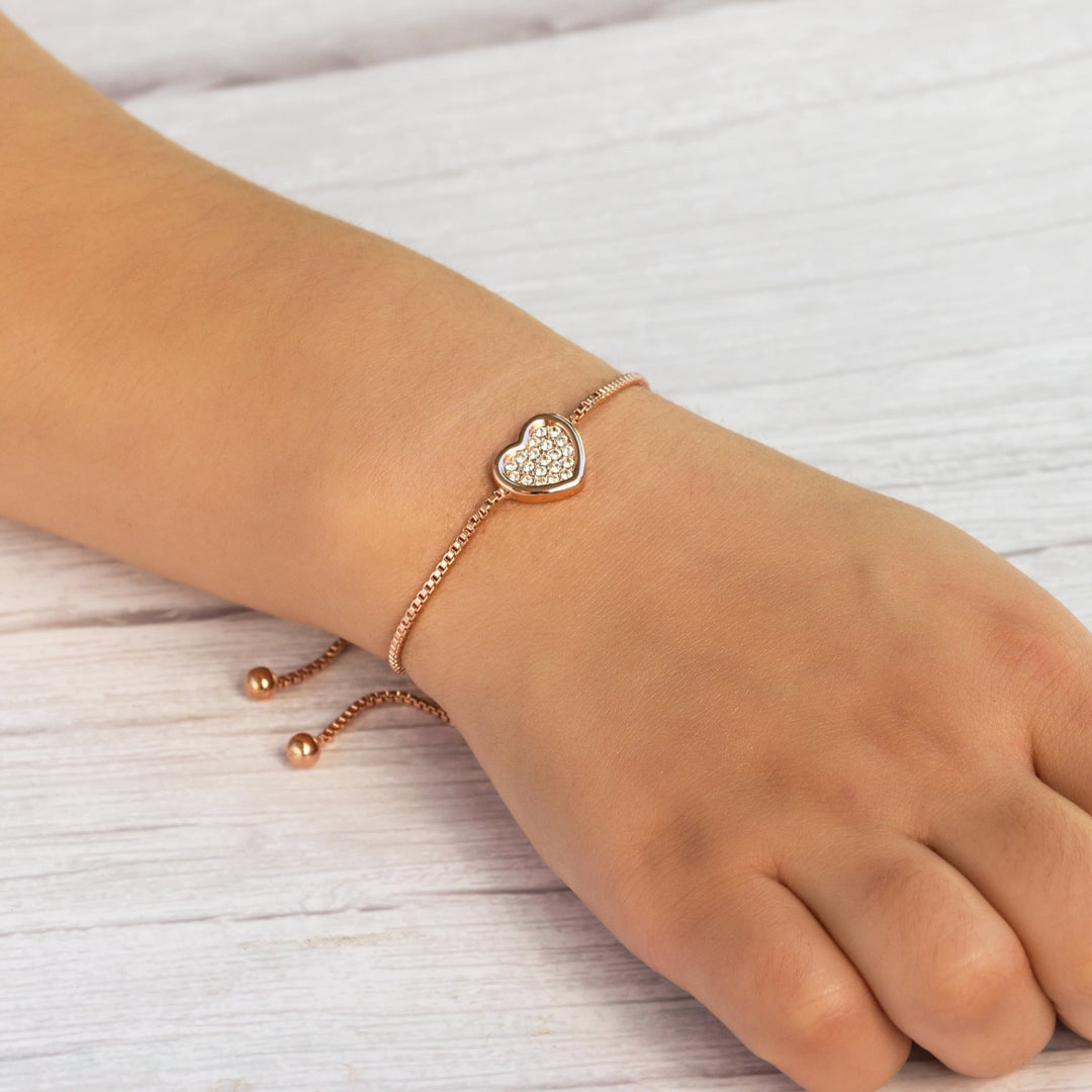 Rose Gold Plated Pave Heart Friendship Bracelet Created with Zircondia® Crystals - Philip Jones Jewellery