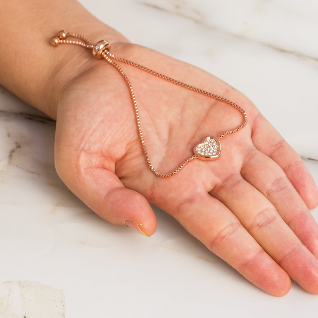 Rose Gold Plated Pave Heart Friendship Bracelet Created with Zircondia® Crystals - Philip Jones Jewellery