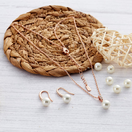 Rose Gold Plated Pearl Drop Set Created with Zircondia® Crystals - Philip Jones Jewellery