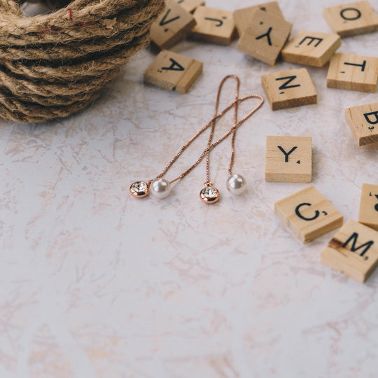 Rose Gold Plated Pearl Thread Earrings Created with Zircondia® Crystals - Philip Jones Jewellery