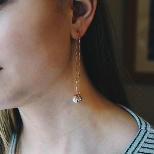 Rose Gold Plated Pearl Thread Earrings Created with Zircondia® Crystals - Philip Jones Jewellery