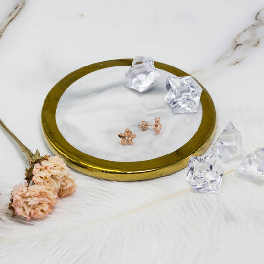 Rose Gold Plated Sterling Silver Flower Earrings Created with Zircondia® Crystals - Philip Jones Jewellery