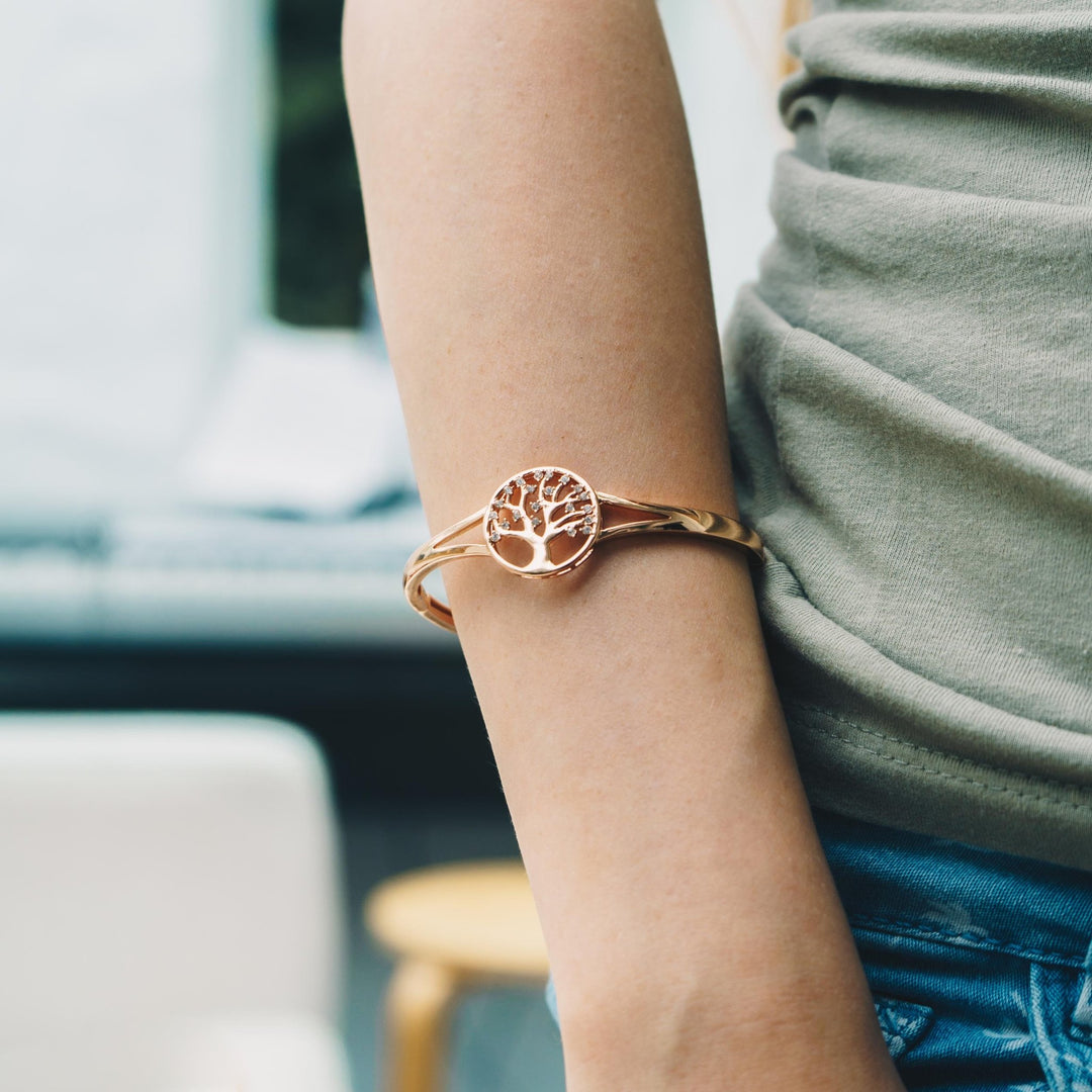 Rose Gold Plated Tree of Life Bangle Created with Zircondia® Crystals (7 Inch) - Philip Jones Jewellery