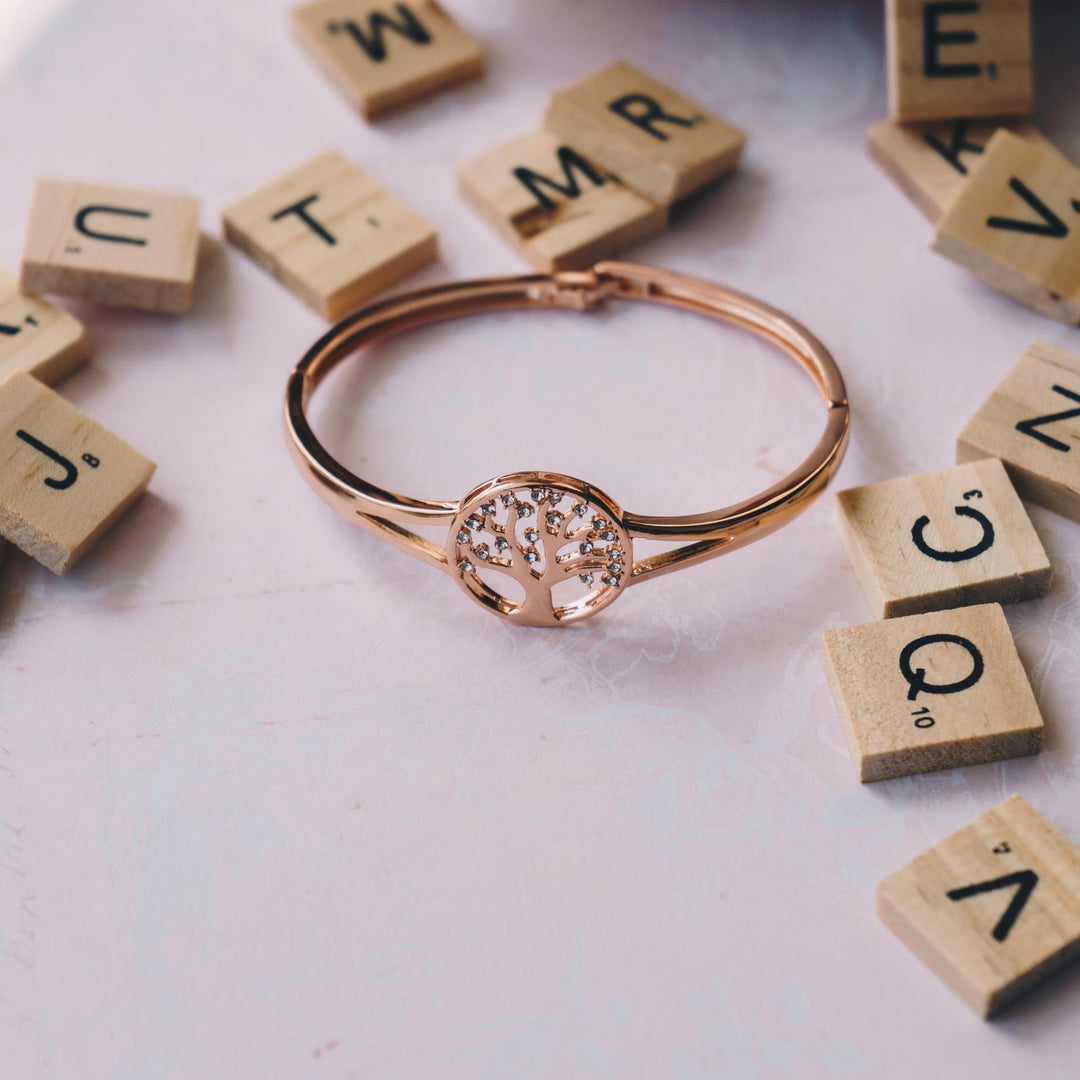 Rose Gold Plated Tree of Life Bangle Created with Zircondia® Crystals (7 Inch) - Philip Jones Jewellery