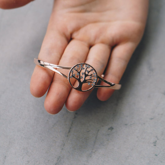 Rose Gold Plated Tree of Life Bangle Created with Zircondia® Crystals (7 Inch) - Philip Jones Jewellery