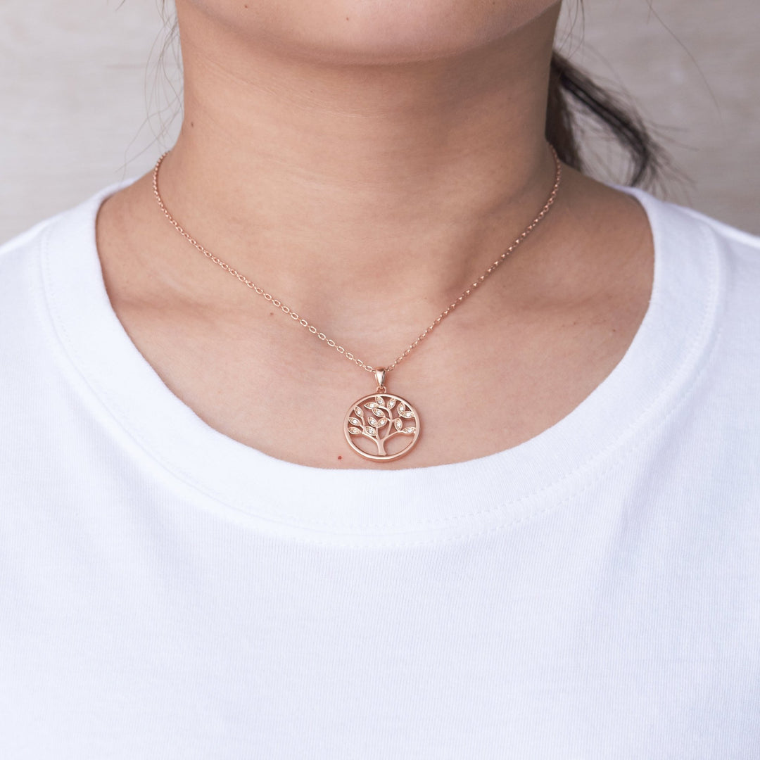 Rose Gold Plated Tree of Life Necklace Created with Zircondia® Crystals - Philip Jones Jewellery