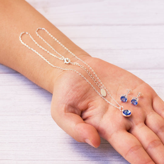 September (Sapphire) Birthstone Necklace & Earrings Set Created with Zircondia® Crystals - Philip Jones Jewellery