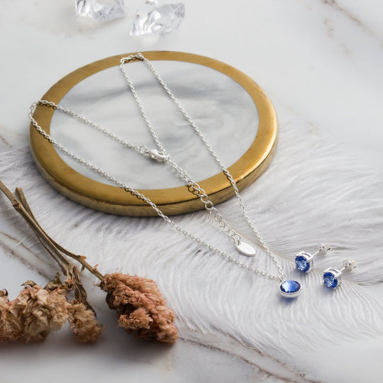 September (Sapphire) Birthstone Necklace & Earrings Set Created with Zircondia® Crystals - Philip Jones Jewellery