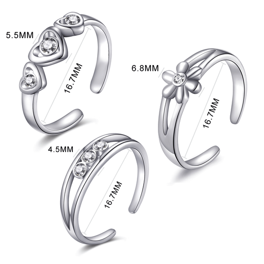 Set of Three Silver Plated Adjustable Toe Rings Created with Zircondia® Crystals - Philip Jones Jewellery
