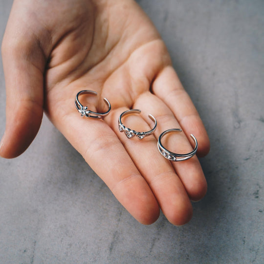 Set of Three Silver Plated Adjustable Toe Rings Created with Zircondia® Crystals - Philip Jones Jewellery
