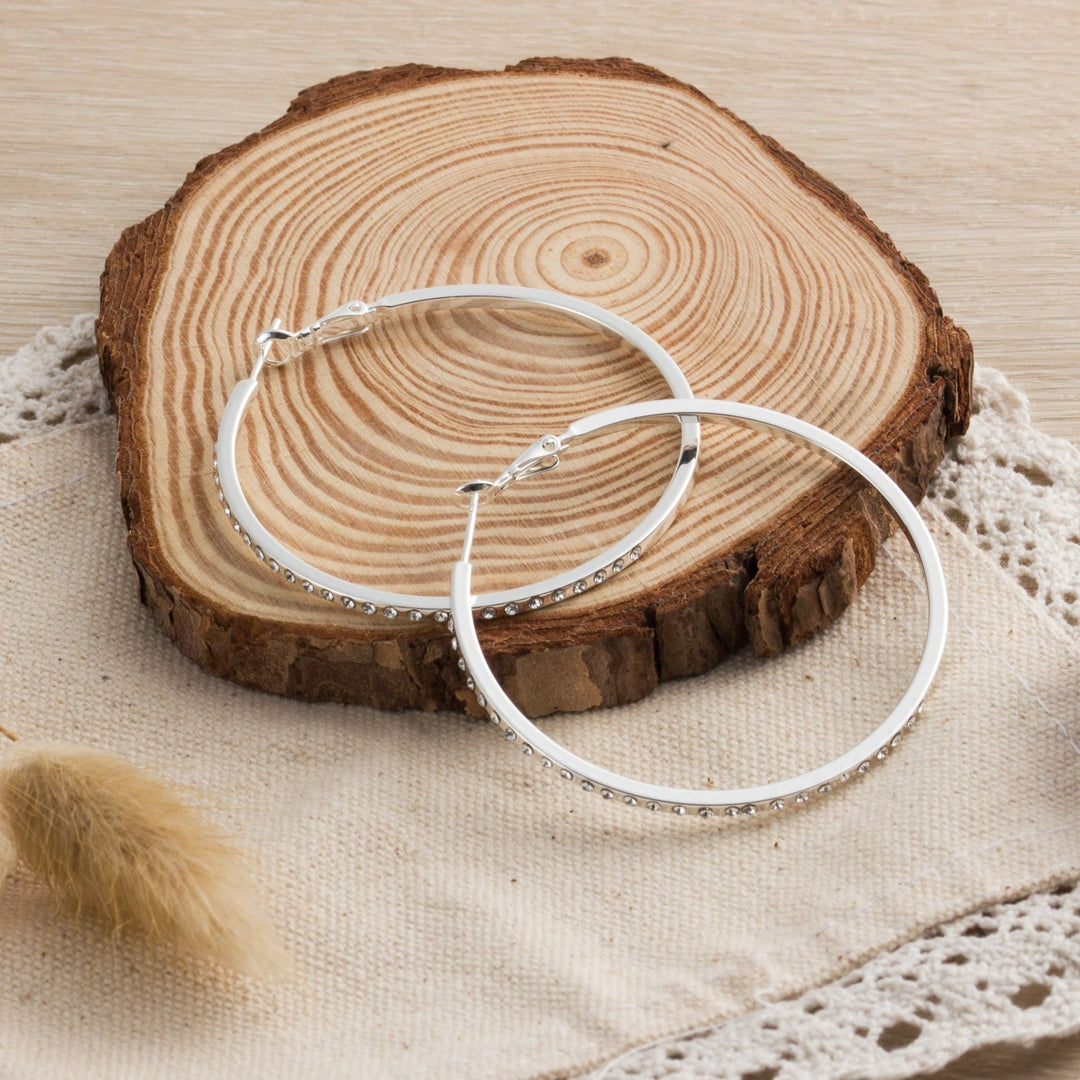 Silver Plated 50mm Hoop Earrings Created with Zircondia® Crystals - Philip Jones Jewellery