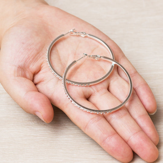 Silver Plated 50mm Hoop Earrings Created with Zircondia® Crystals - Philip Jones Jewellery