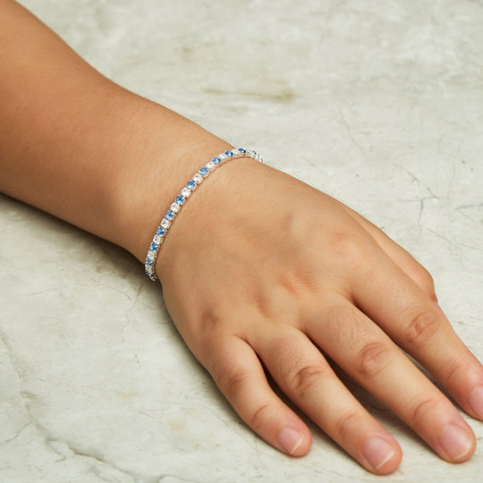 Silver Plated Adjustable Blue Tennis Bracelet Created with Zircondia® Crystals - Philip Jones Jewellery