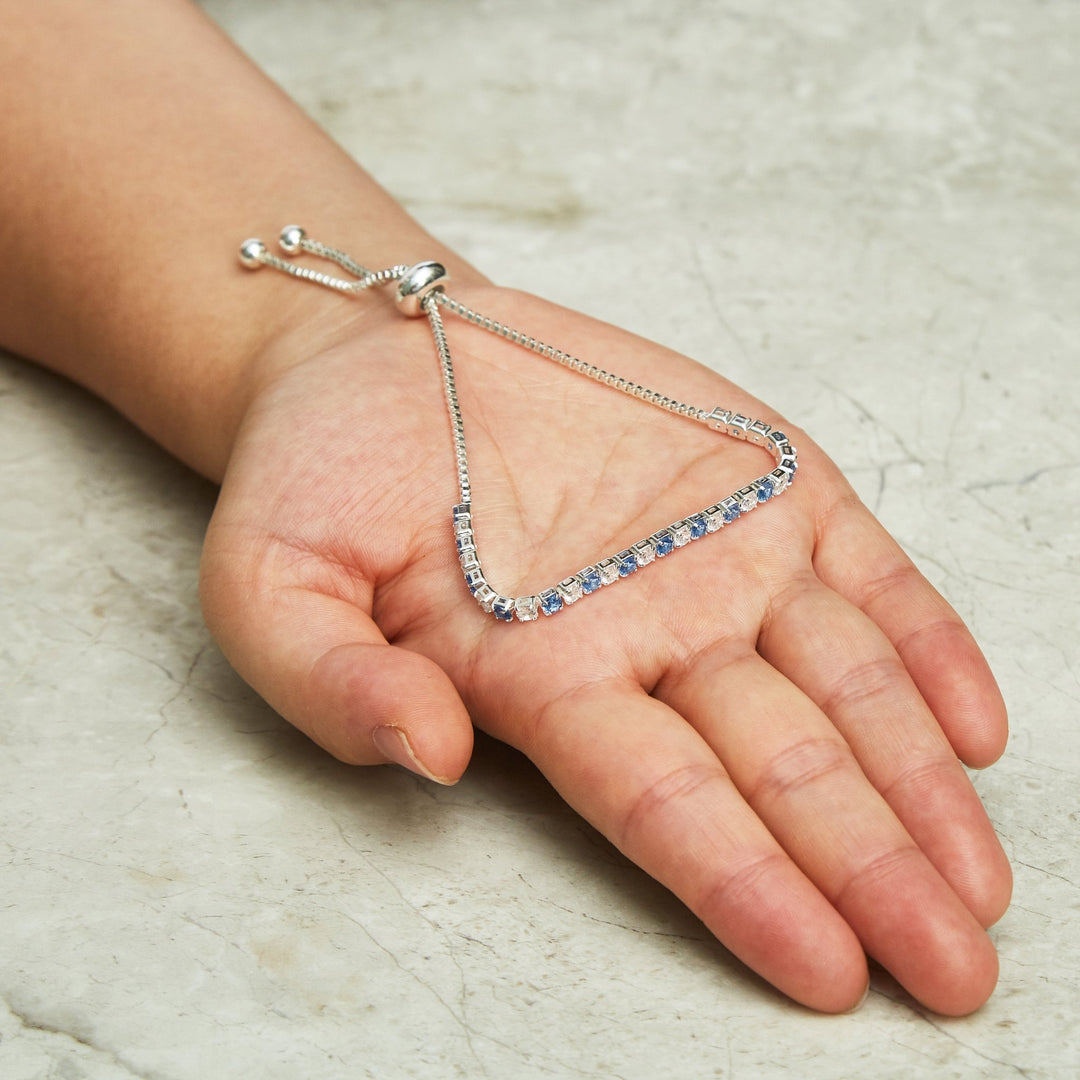 Silver Plated Adjustable Blue Tennis Bracelet Created with Zircondia® Crystals - Philip Jones Jewellery