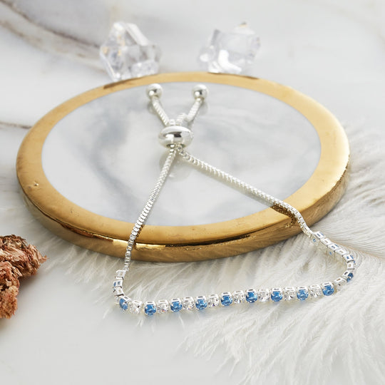 Silver Plated Adjustable Blue Tennis Bracelet Created with Zircondia® Crystals - Philip Jones Jewellery