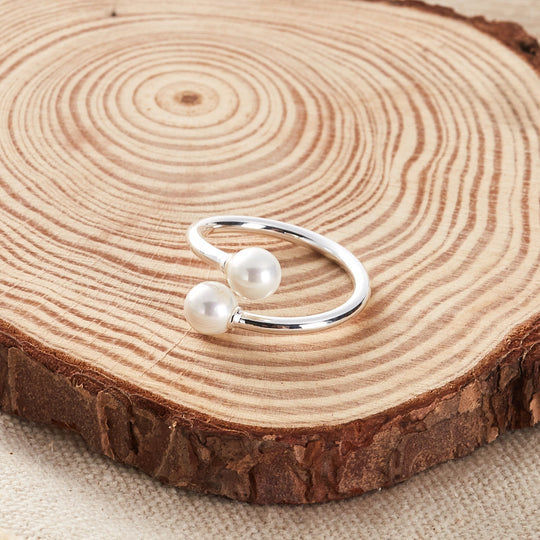 Silver Plated Adjustable Double Pearl Ring - Philip Jones Jewellery