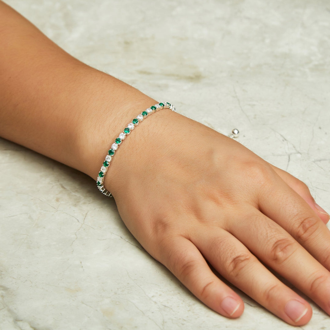 Silver Plated Adjustable Green Tennis Bracelet Created with Zircondia® Crystals - Philip Jones Jewellery