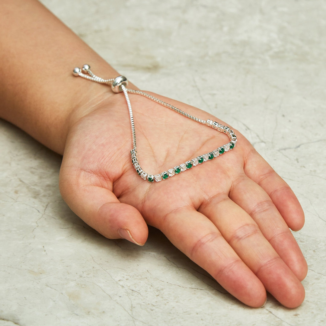 Silver Plated Adjustable Green Tennis Bracelet Created with Zircondia® Crystals - Philip Jones Jewellery