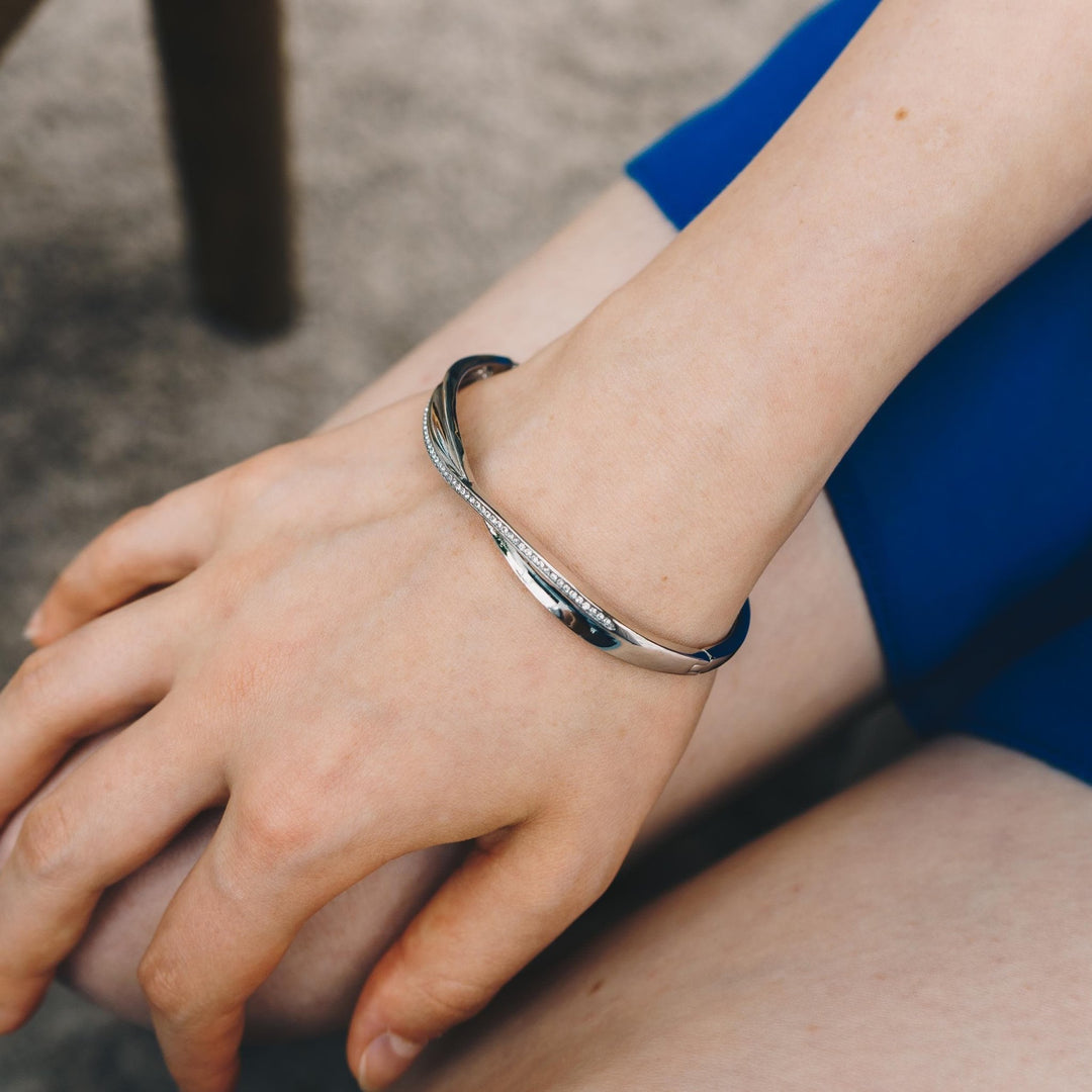 Silver Plated Arc Bangle Created with Zircondia® Crystals (7 Inch) - Philip Jones Jewellery